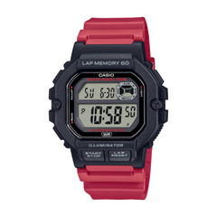 Digital watch with a red strap on a white background