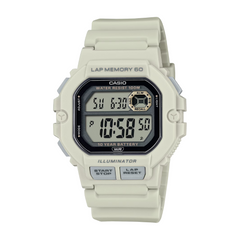 Casio digital watch with beige strap on a white background
