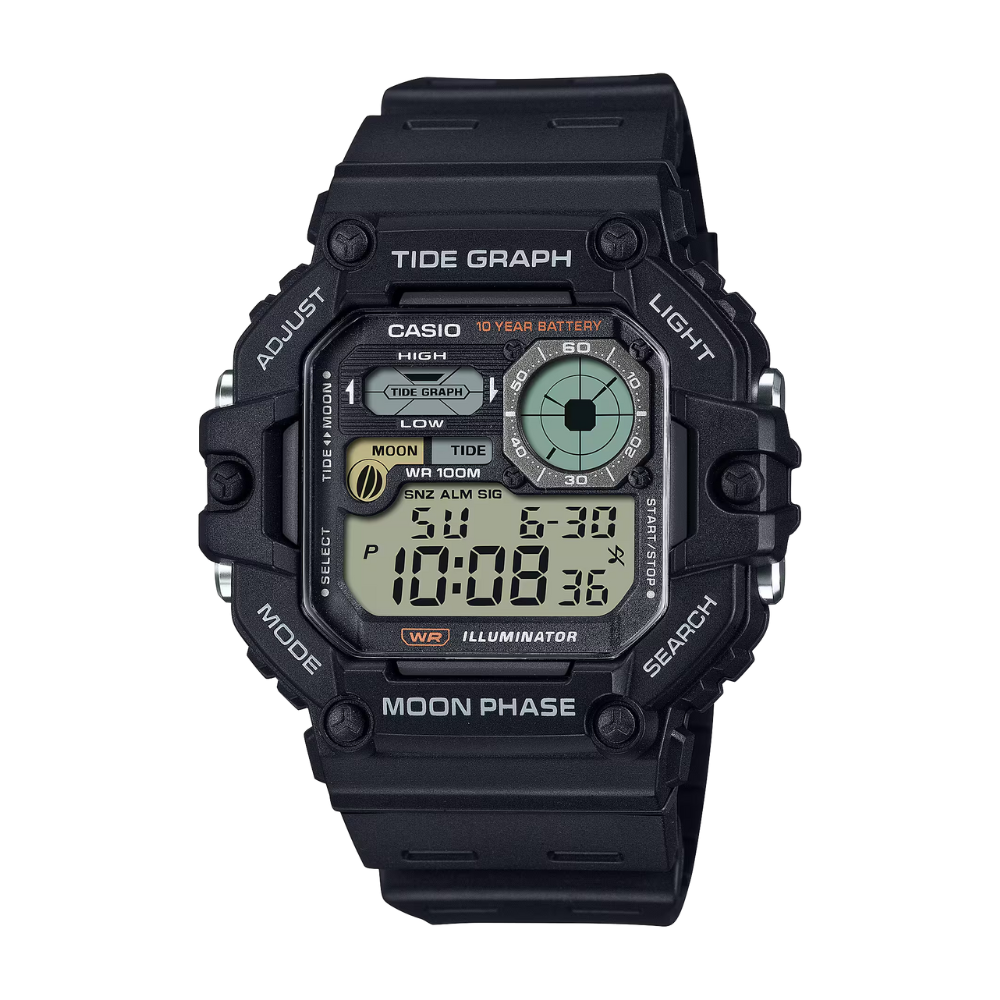 Black Casio digital watch with multiple functions on a white background