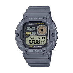 Gray Casio watch with digital display on a white background