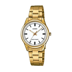 Gold Casio watch with a white face on a white background