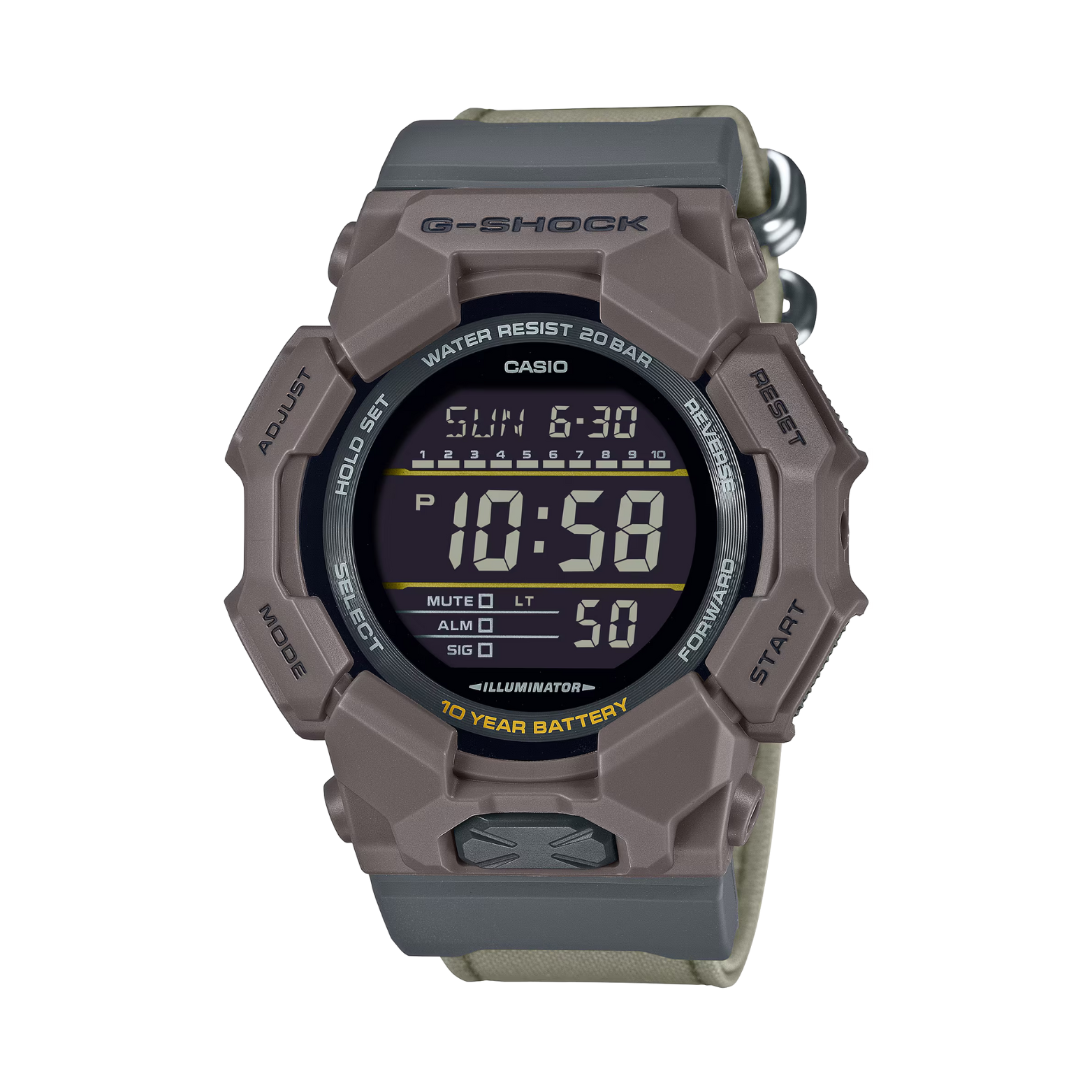 Casio G-Shock digital watch with a gray case and band on a white background