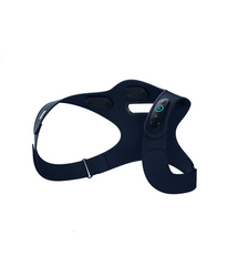 Navy blue dog harness with electronic components on a white background