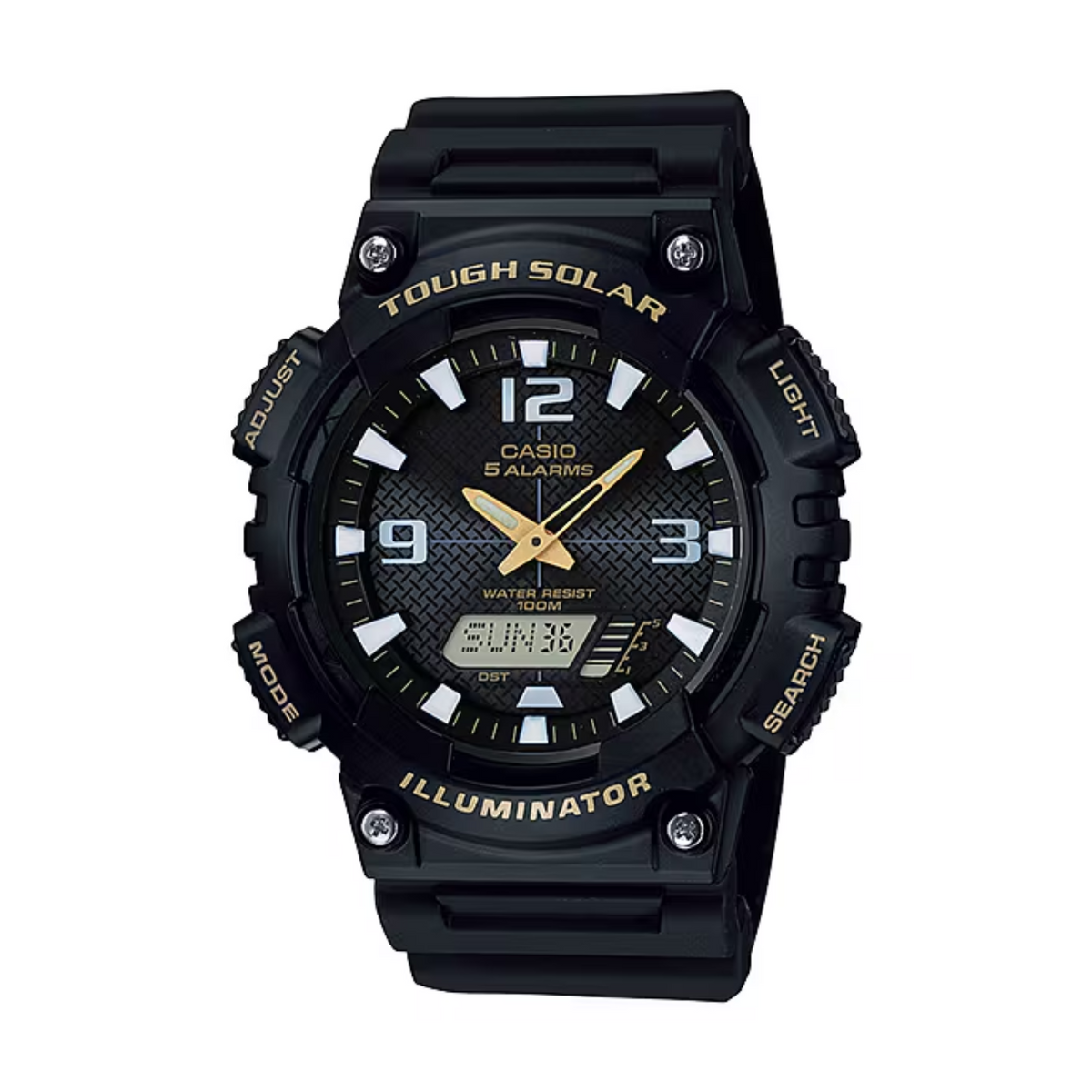 Black Casio watch with solar and illuminator features on a white background