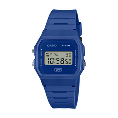 Blue Casio digital watch on a white background