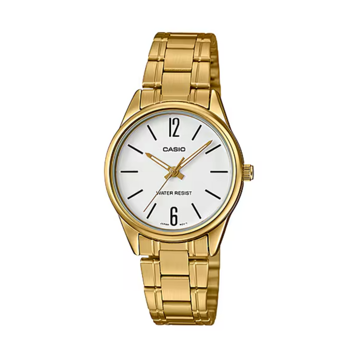 Gold Casio watch with a white face on a white background
