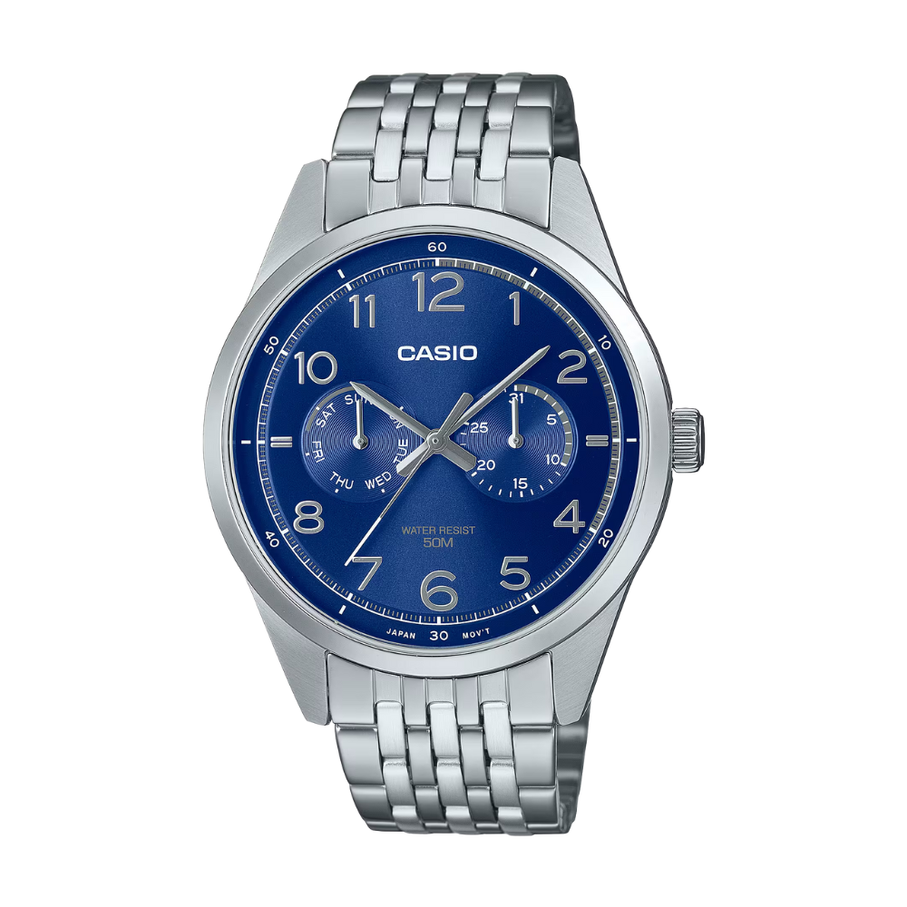 Casio watch with blue dial and silver metal bracelet on a white background