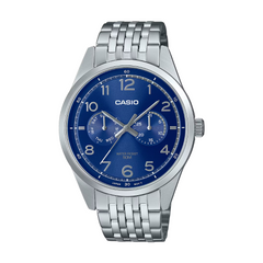 Casio watch with blue dial and silver metal bracelet on a white background