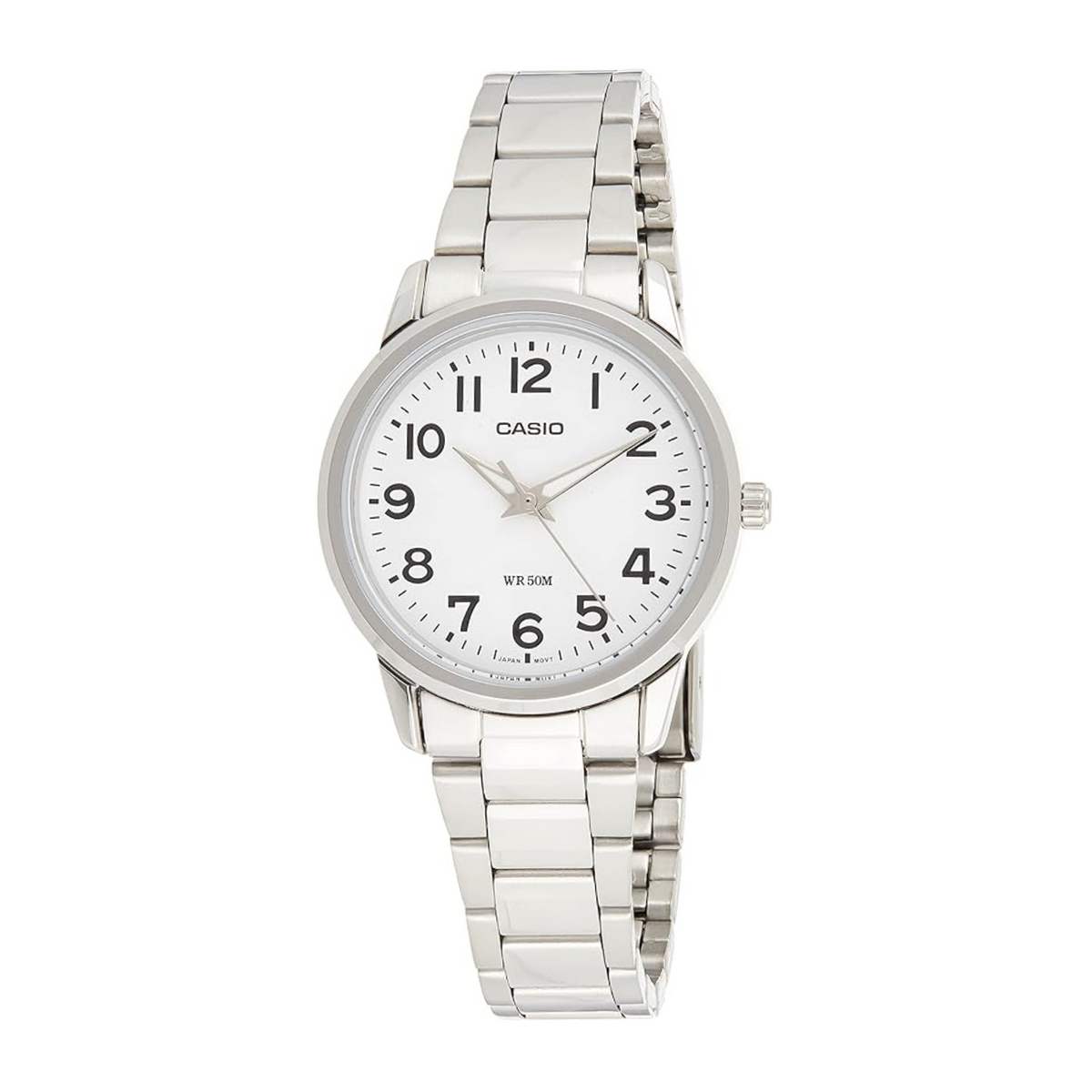 Silver Casio watch with a white face on a white background