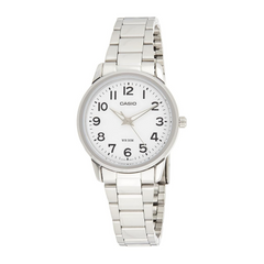 Silver Casio watch with a white face on a white background