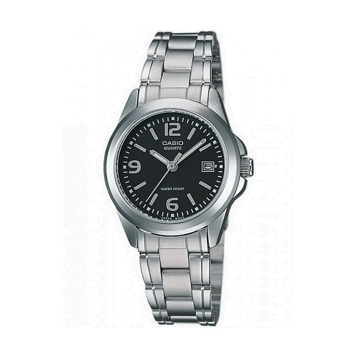Casio watch with black dial and silver metal strap on a white background