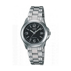 Casio watch with black dial and silver metal strap on a white background