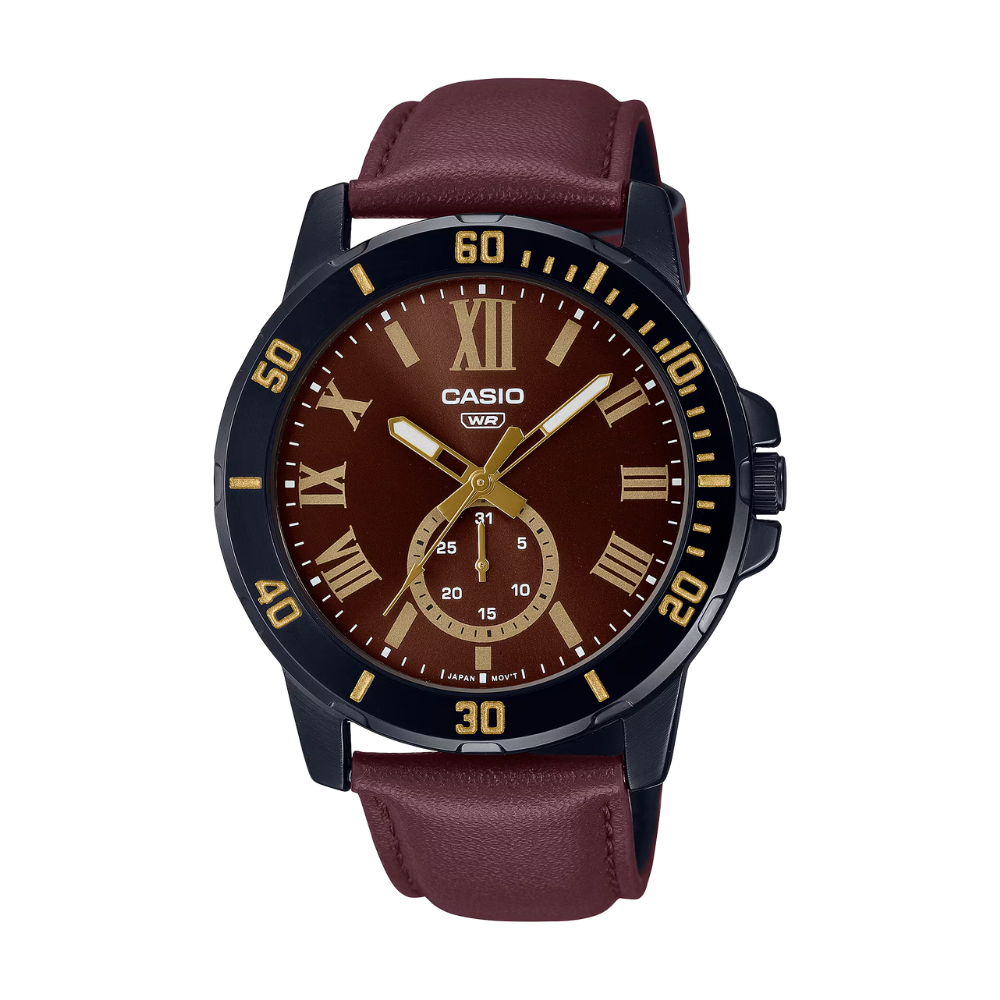 Casio watch with brown leather strap and brown dial on white background