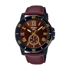 Casio watch with brown leather strap and brown dial on white background