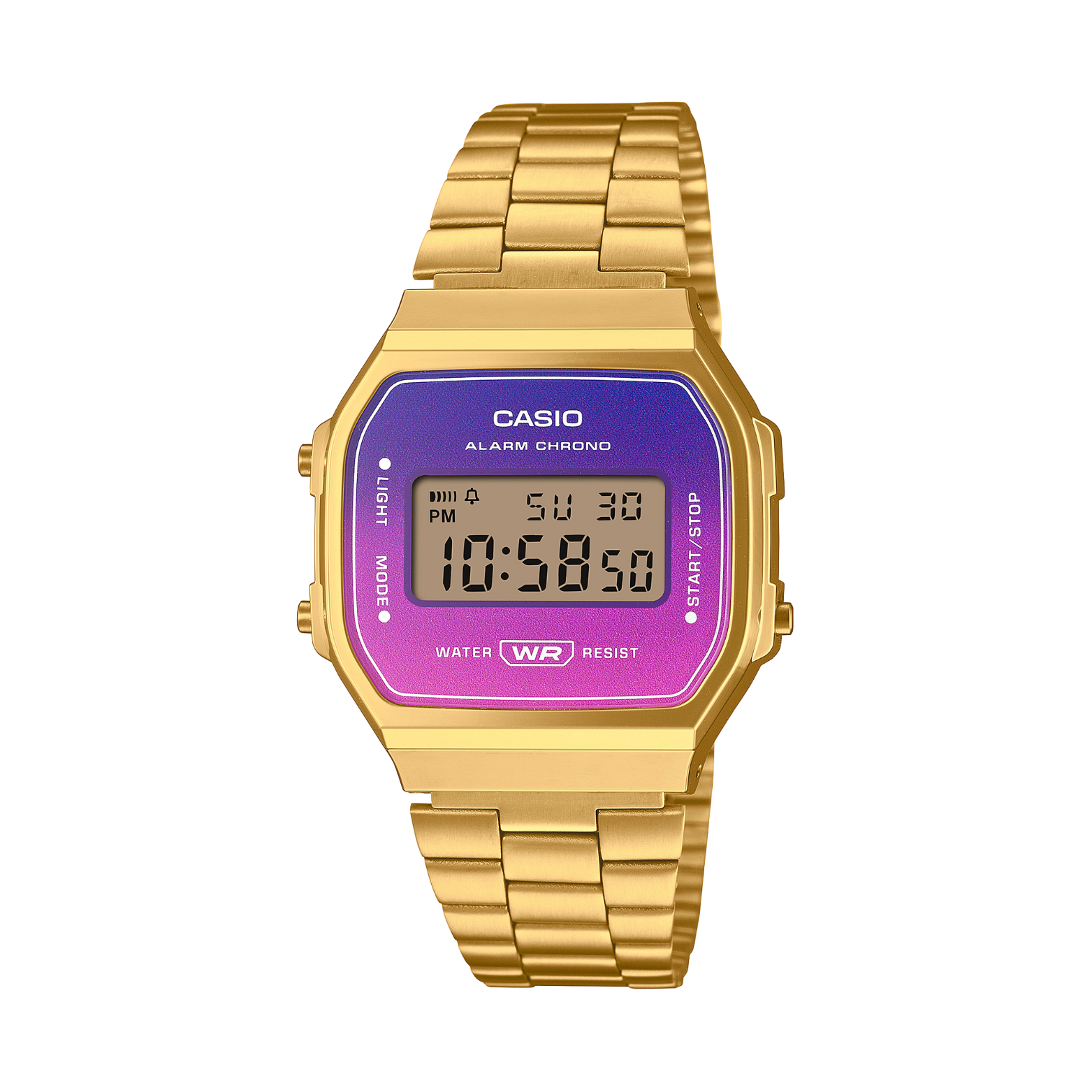 Gold Casio digital watch with a purple display on a white background