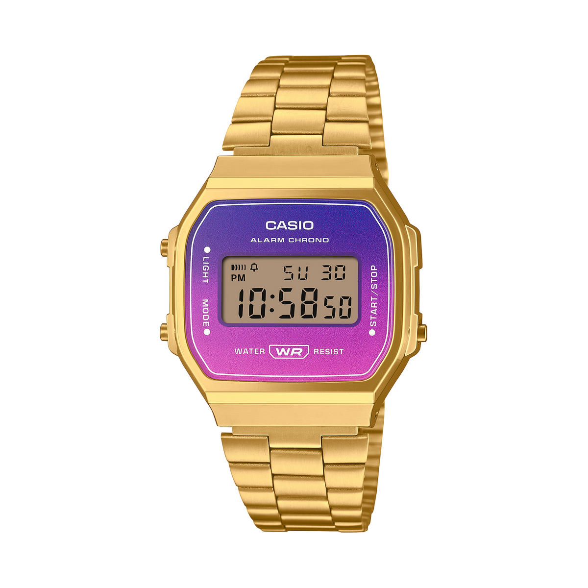 Gold Casio digital watch with a purple display on a white background