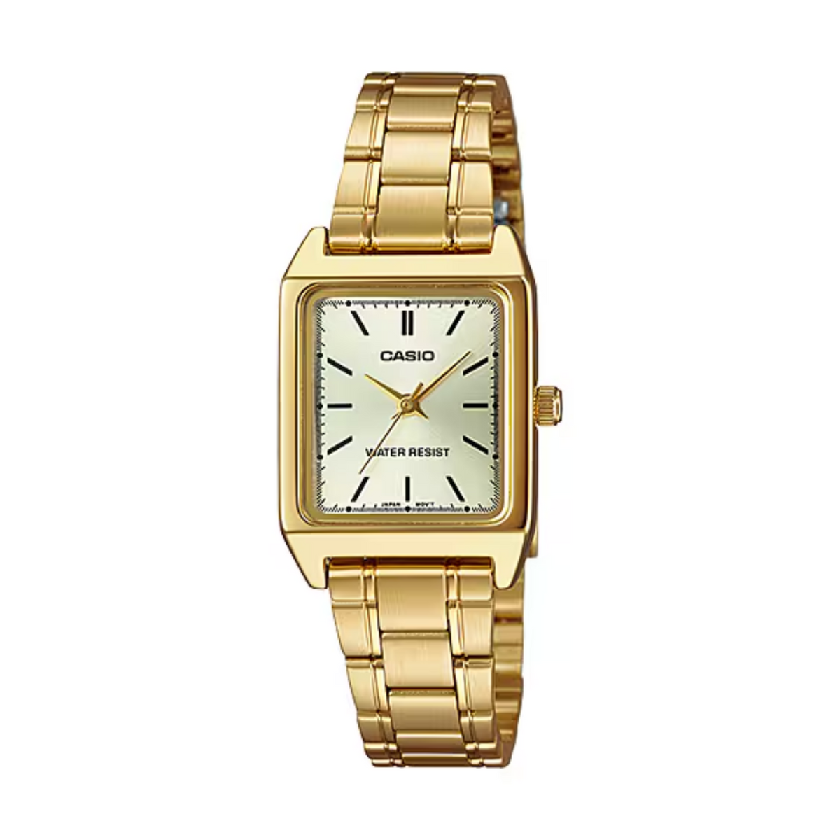 Gold Casio watch on a white background