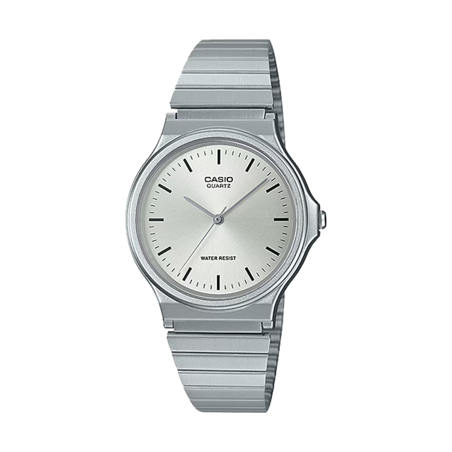 Silver Casio watch with a metal band on a white background