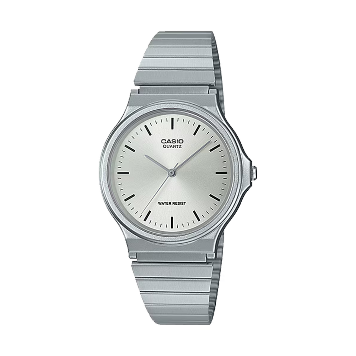 Silver Casio watch with a metal band on a white background