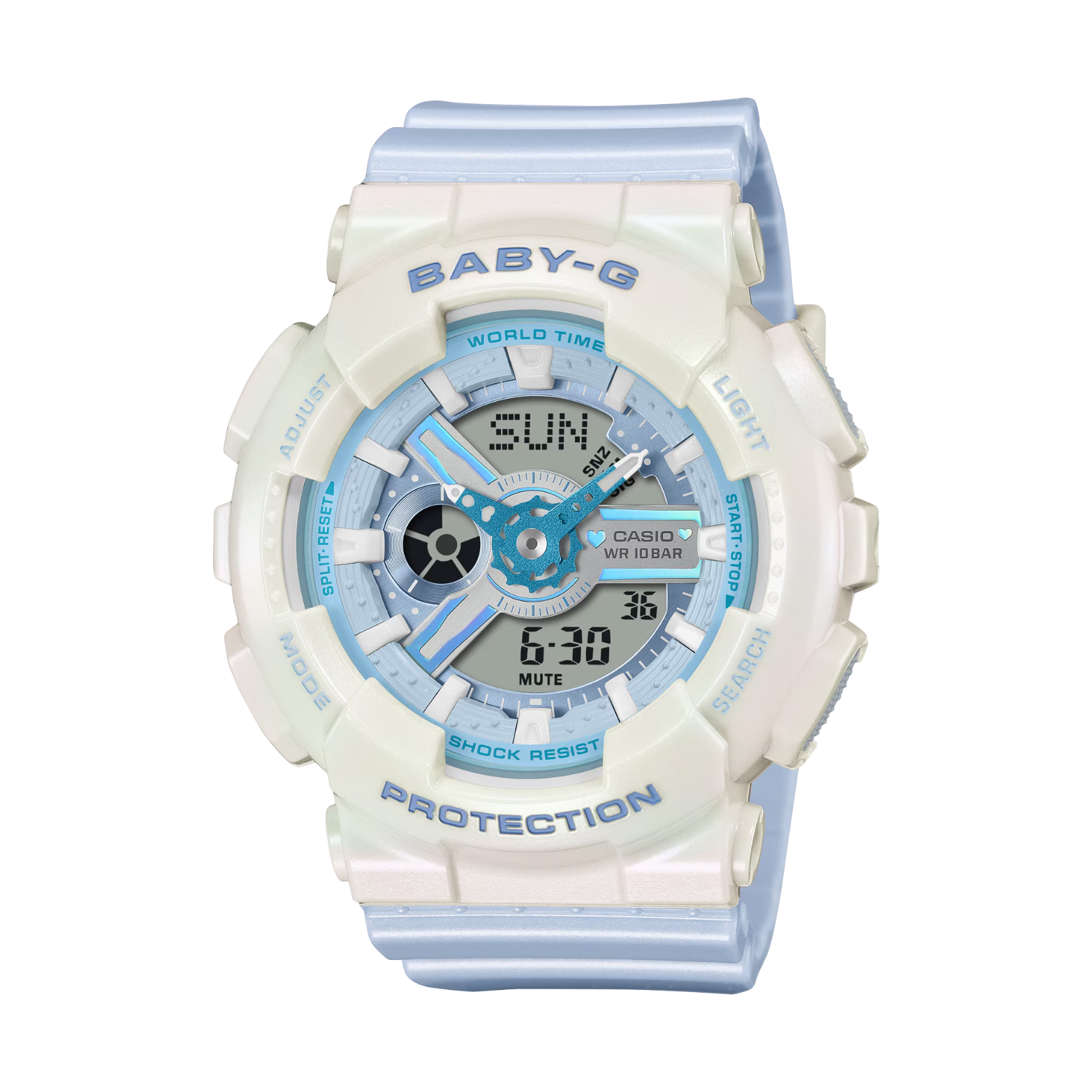 Baby-G watch with white and light blue strap on a white background