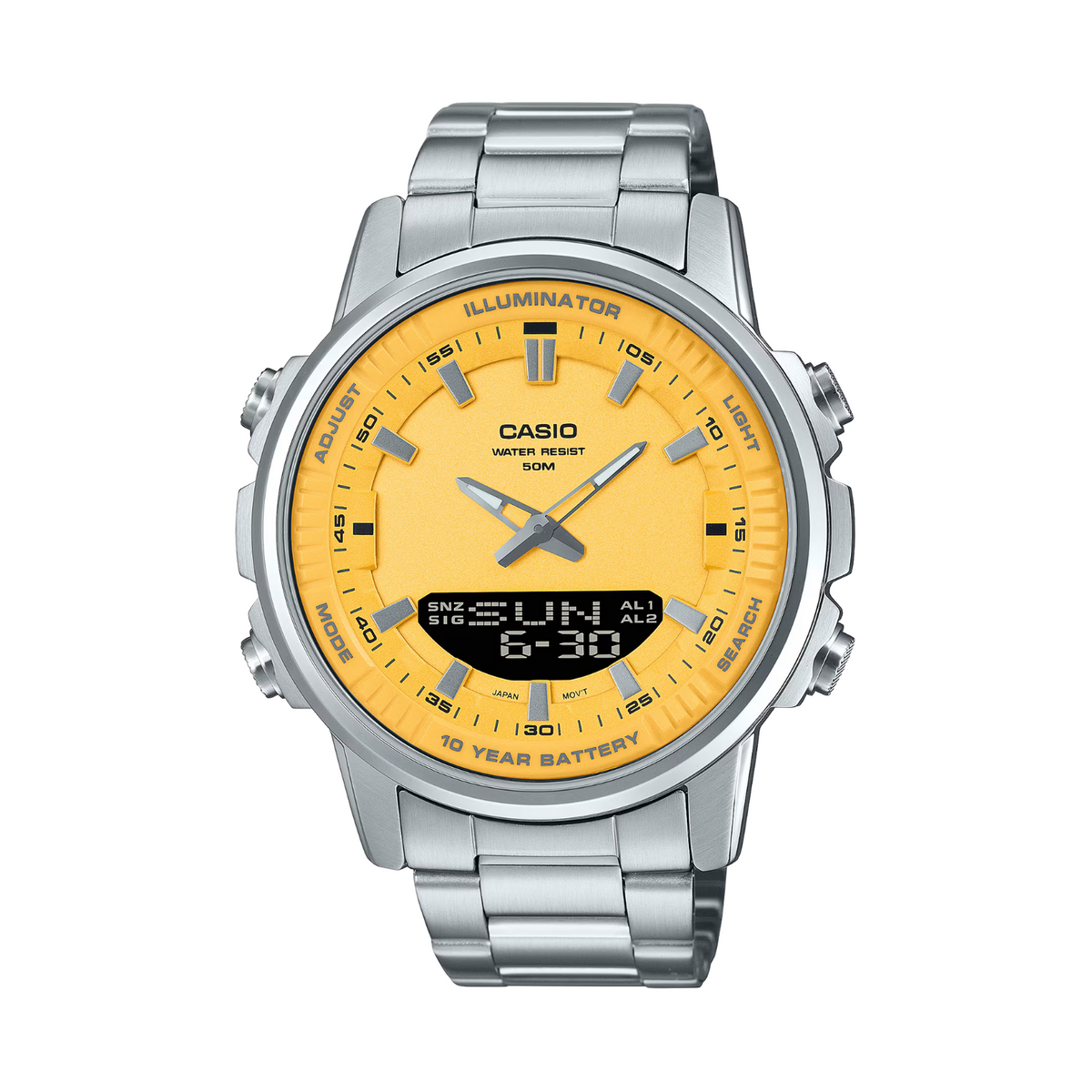 Casio watch with yellow face and silver metal strap on white background
