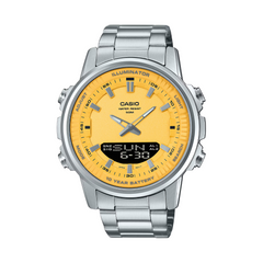 Casio watch with yellow face and silver metal strap on white background
