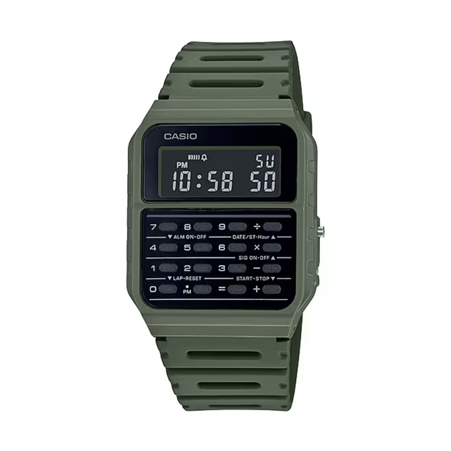 Green Casio digital watch with calculator functions on a white background