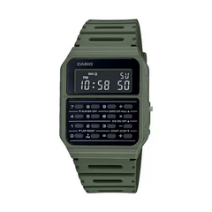 Green Casio digital watch with calculator functions on a white background