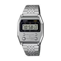 Casio digital watch with silver metal strap on a white background