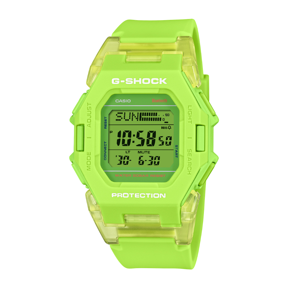 Green digital watch with clear accents on a white background