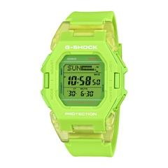 Green digital watch with clear accents on a white background