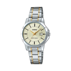 Casio watch with two-tone metal strap on a white background