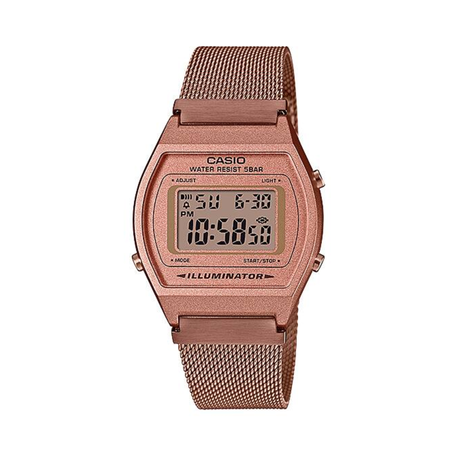 Rose gold Casio digital watch on a white background