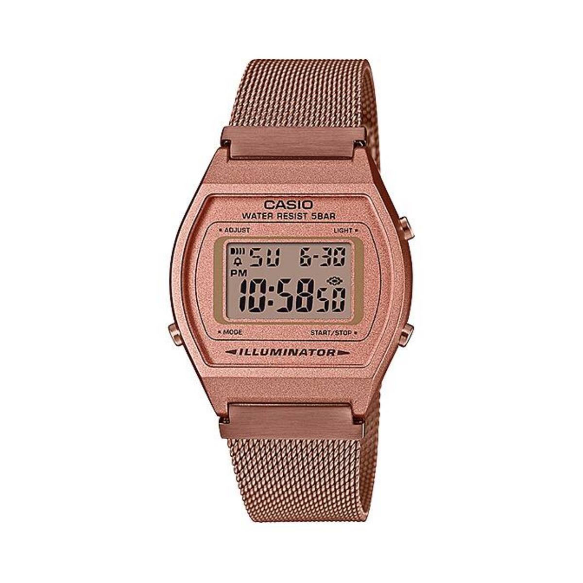 Rose gold Casio digital watch on a white background