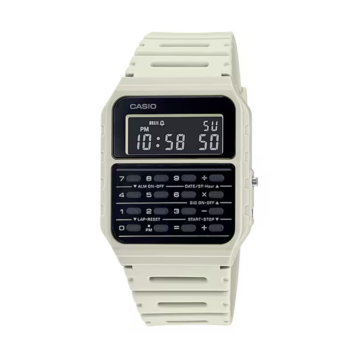 Casio digital watch with beige strap on a white background