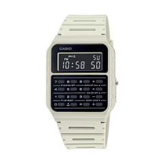 Casio digital watch with beige strap on a white background