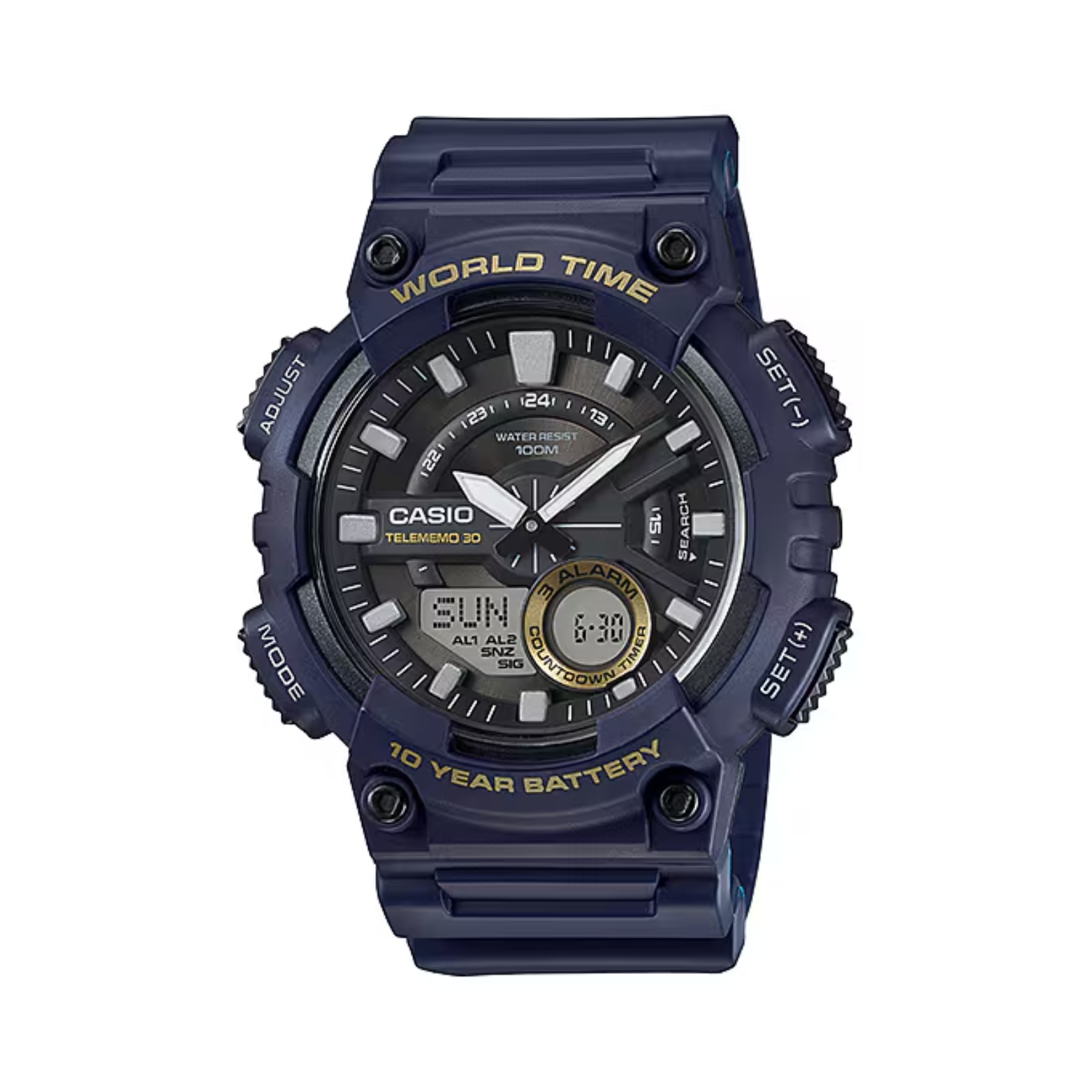 Casio watch with blue casing and digital display on a white background