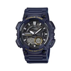 Casio watch with blue casing and digital display on a white background