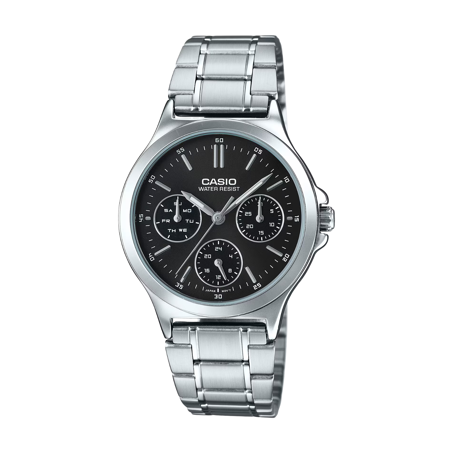 Casio watch with silver metal strap and black dial on a white background