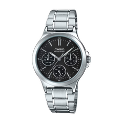 Casio watch with silver metal strap and black dial on a white background