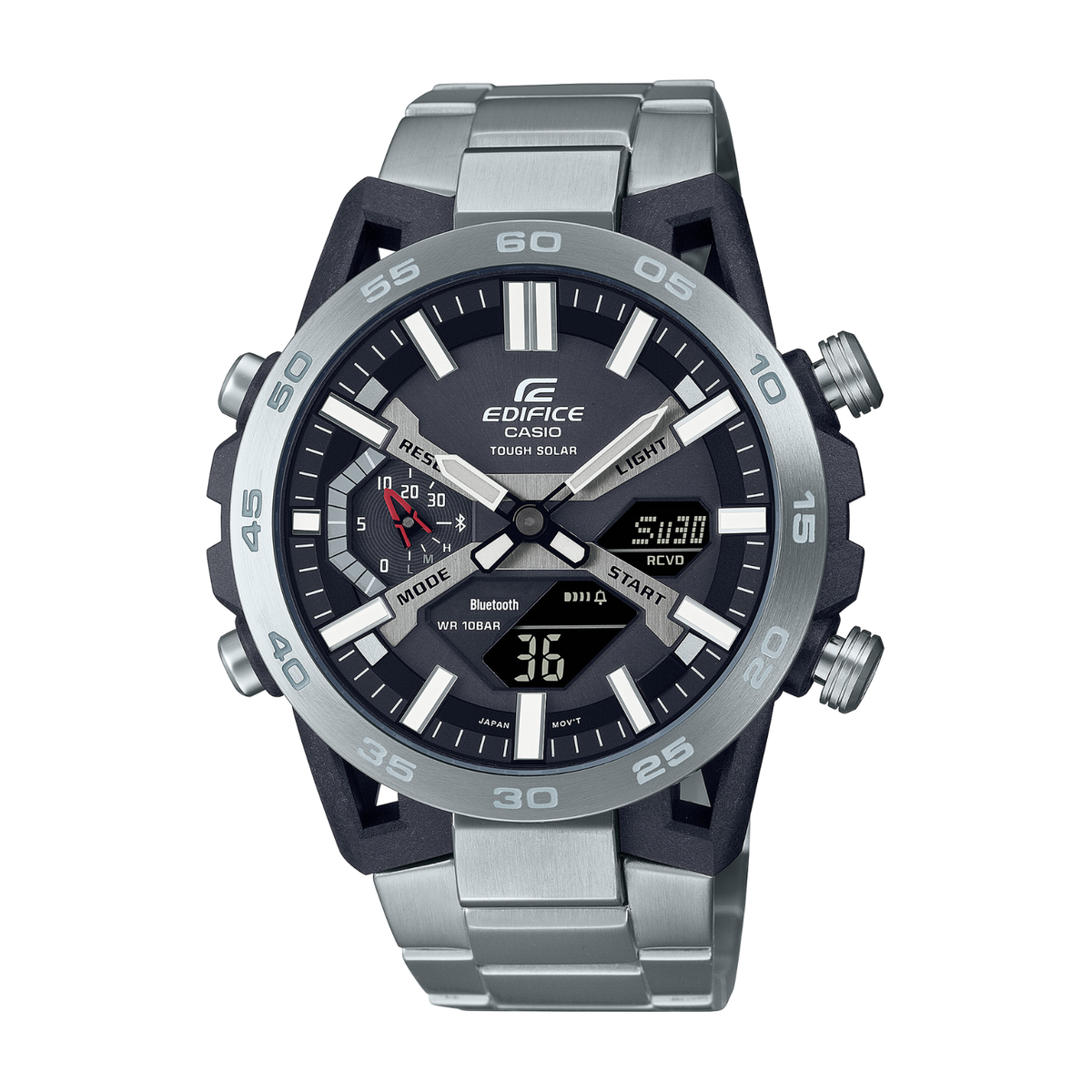 Casio Edifice watch with silver and black design on a white background