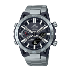 Casio Edifice watch with silver and black design on a white background
