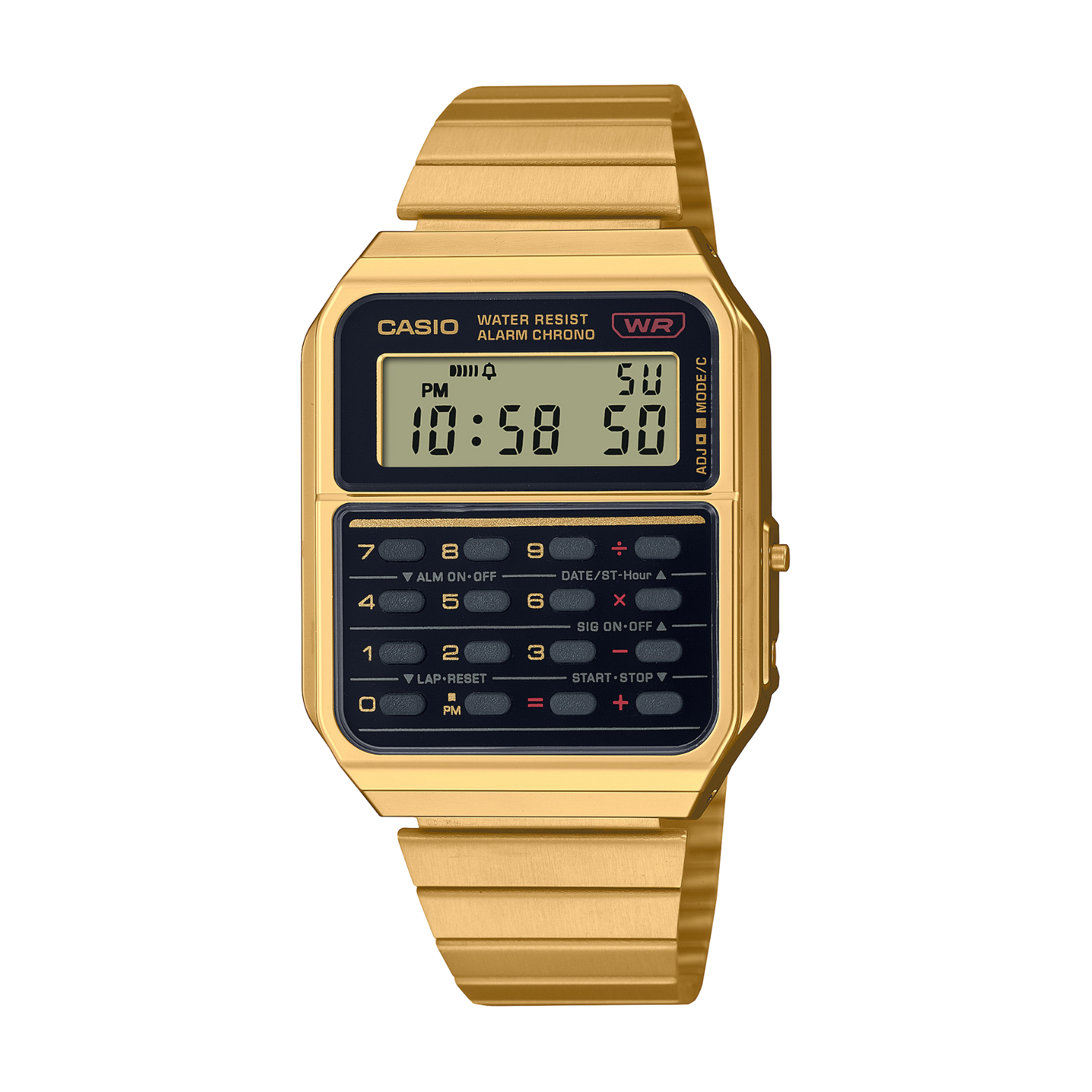 Gold Casio digital watch with calculator on a white background