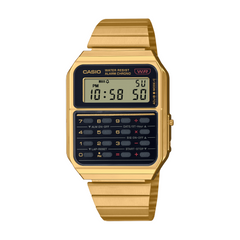 Gold Casio digital watch with calculator on a white background