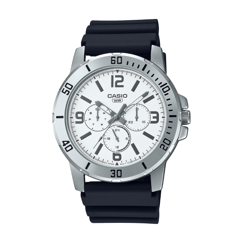 Casio watch with black strap on a white background