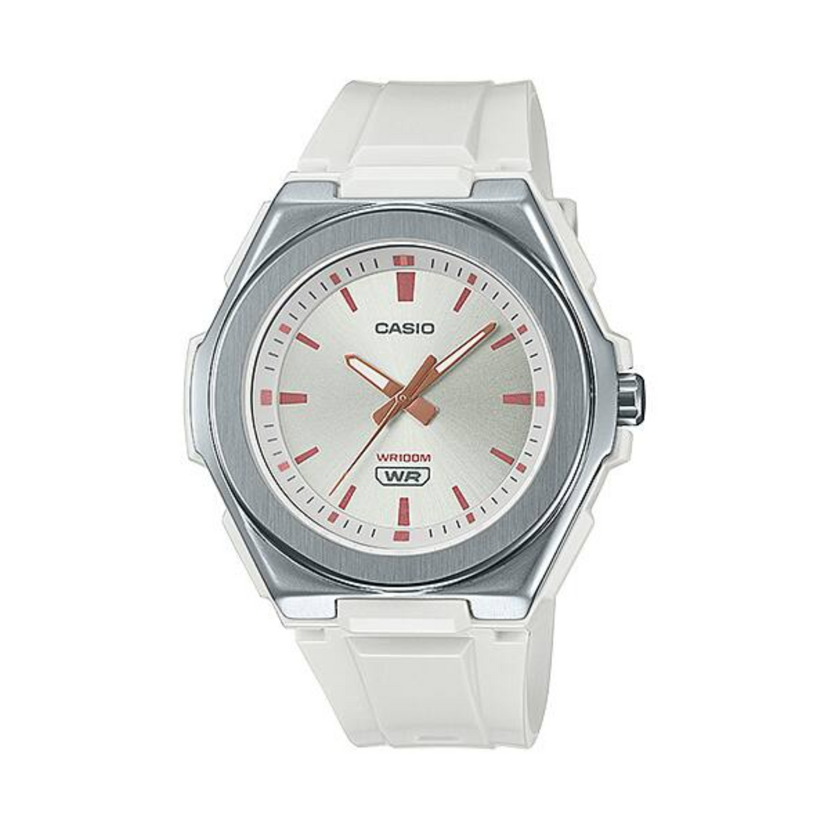 Casio watch with white strap and silver case on a white background