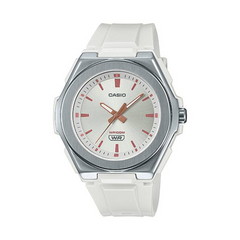 Casio watch with white strap and silver case on a white background