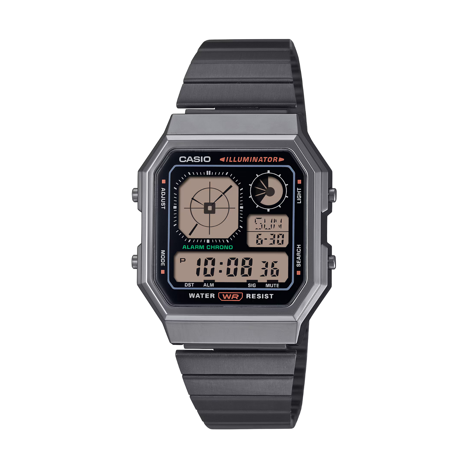 Casio watch with digital and analog display on a white background