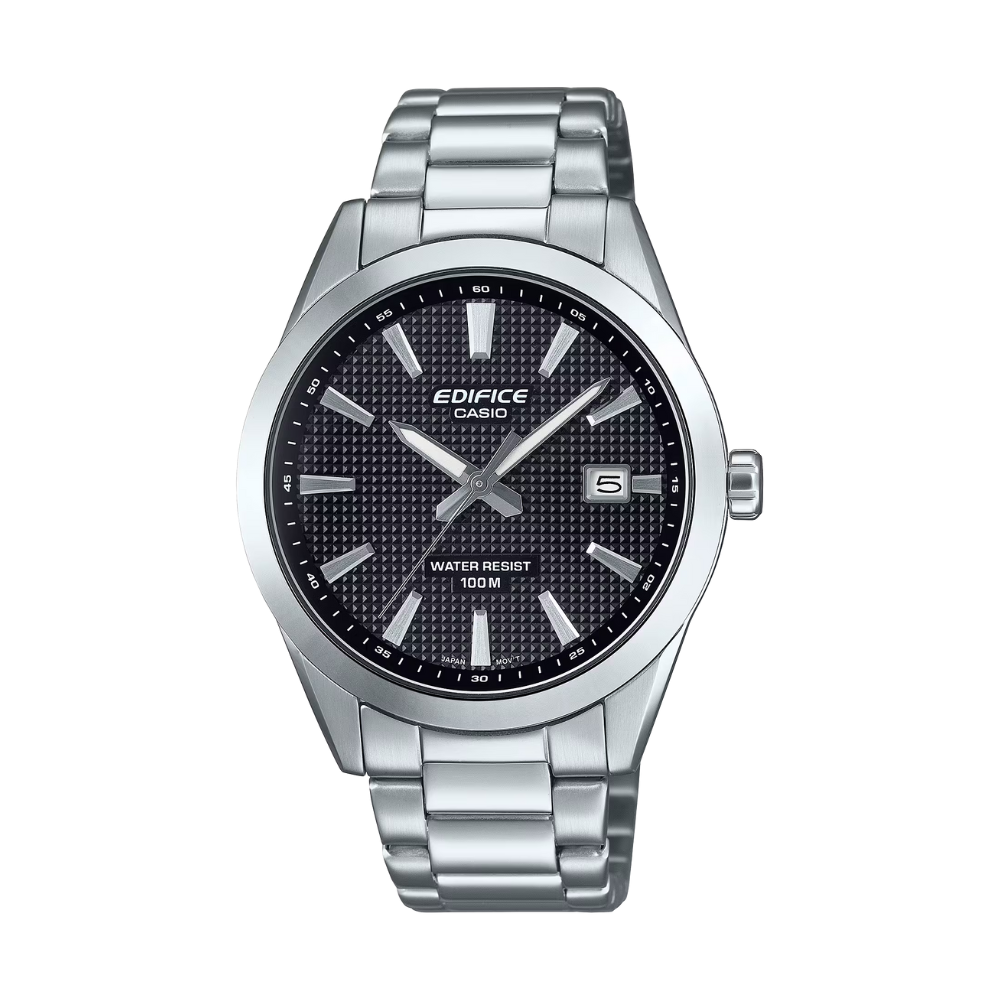 Silver Casio Edifice watch with black dial on a white background