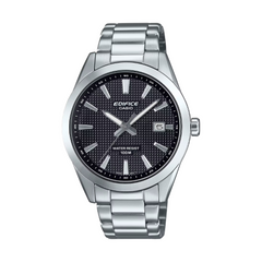 Silver Casio Edifice watch with black dial on a white background